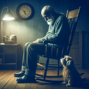 灯光下孤独的老人摄影图片